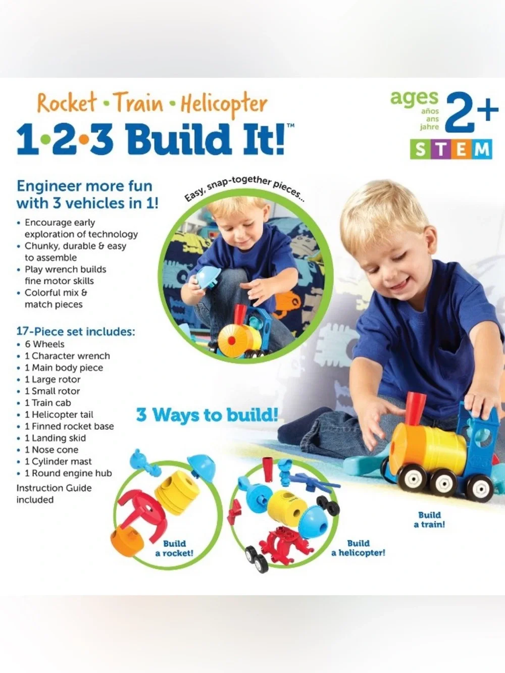 Learning Resources 1-2-3 Build It! Rocket- Train-Helicopter